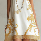 White Mini Dress with Golden Floral Print — view 4