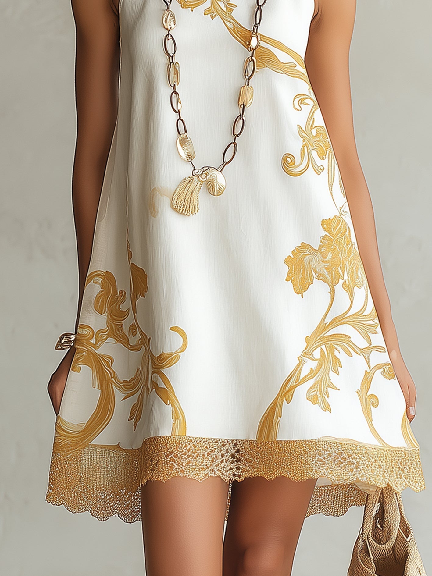 White Mini Dress with Golden Floral Print — view 4