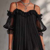 Black Chiffon Mini Dress with Off-the-Shoulder Neckline and Lace — view 4