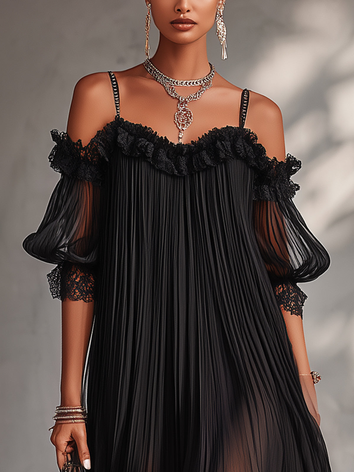 Black Chiffon Mini Dress with Off-the-Shoulder Neckline and Lace — view 4