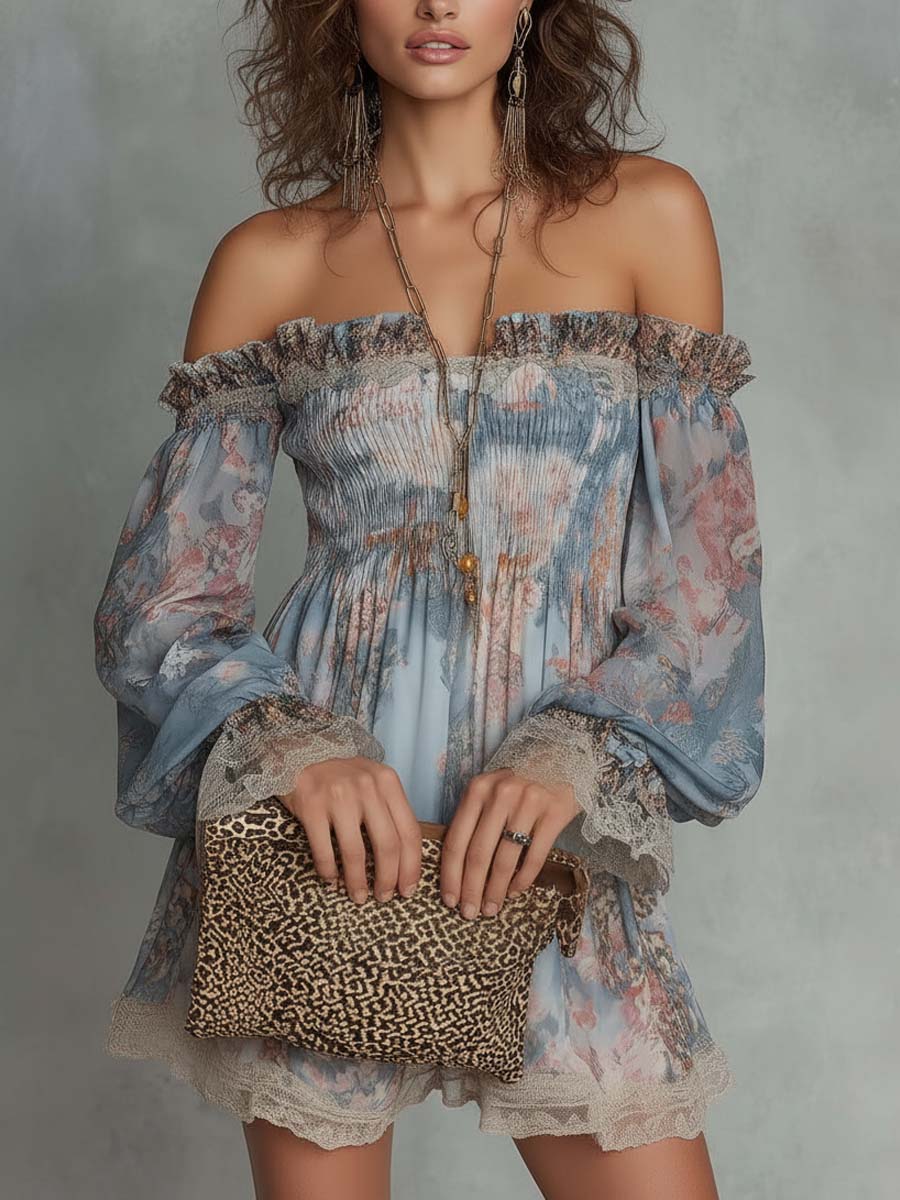 Mini Chiffon Dress with Floral Print and Bare Shoulders — view 3