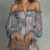 Mini Chiffon Dress with Floral Print and Bare Shoulders — view 3