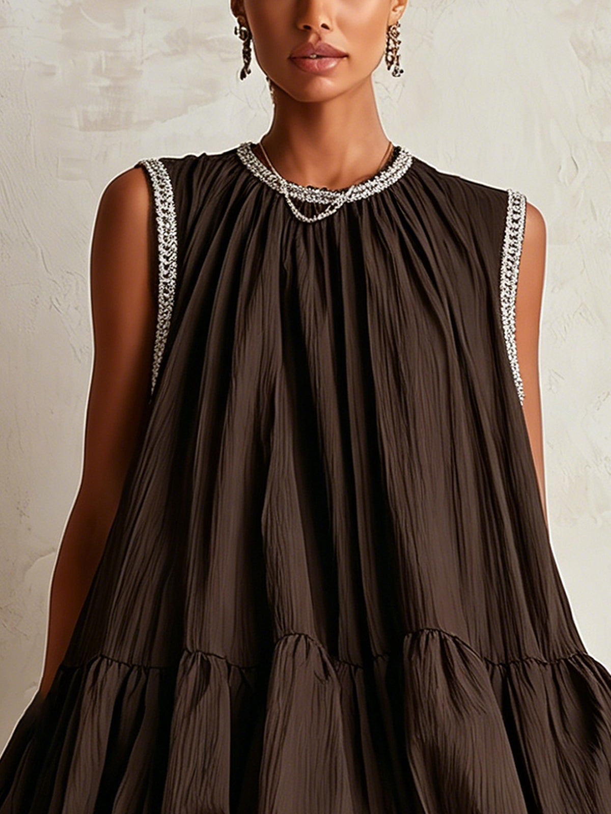 Brown Sleeveless Mini Dress with Balloon Hem — view 4