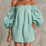 Pink Mini Dress in A-Line with Cut-Out Shoulders and Lantern Sleeves — view 4