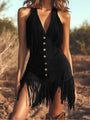 Sleeveless Mini Dress in Brown Suede with Fringe — view 2