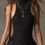 Bohemian Black Mini Dress with Cutout Shoulders and Pleated Folds — view 4