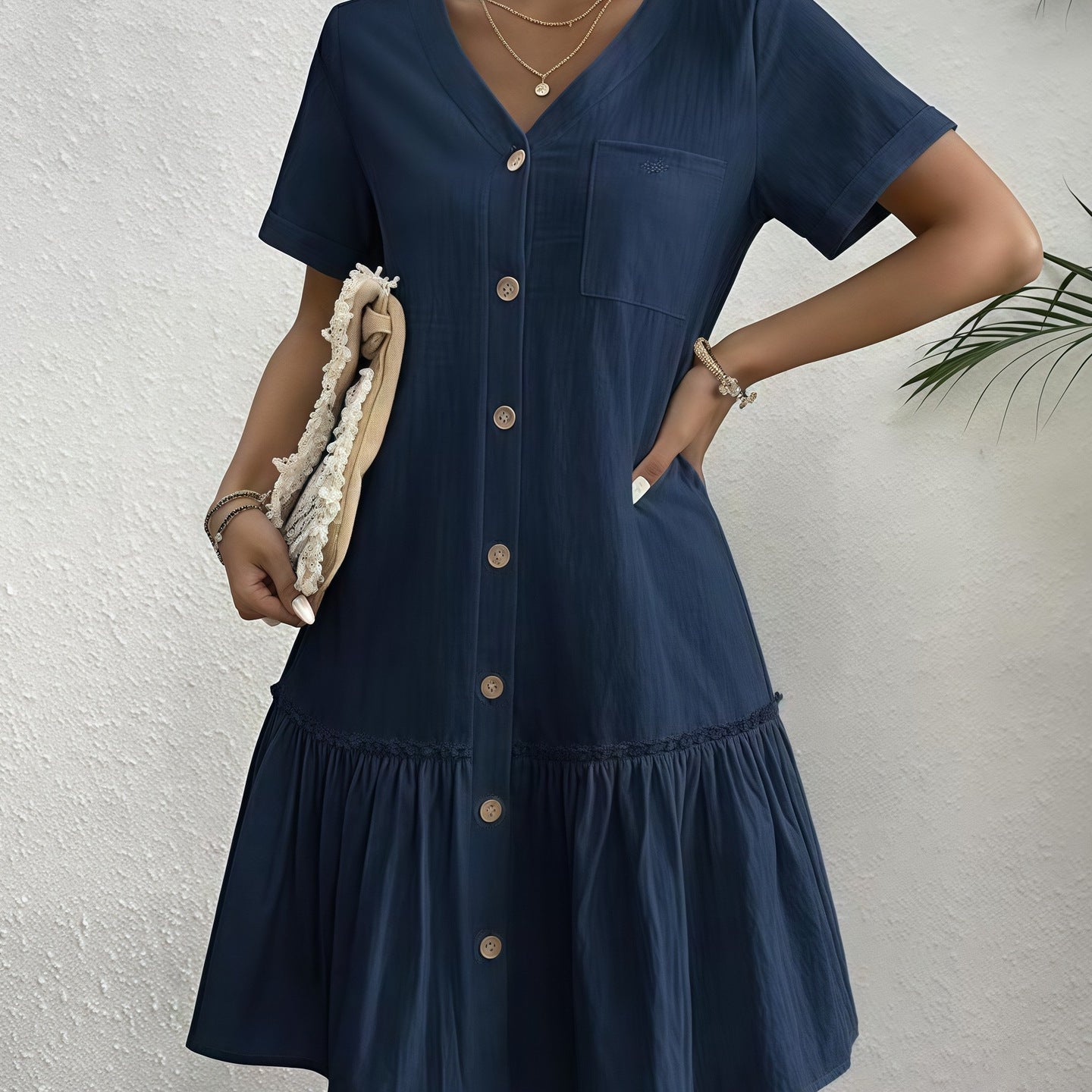 Loose Shirt Dress with a Button and Short Sleeves — view 2