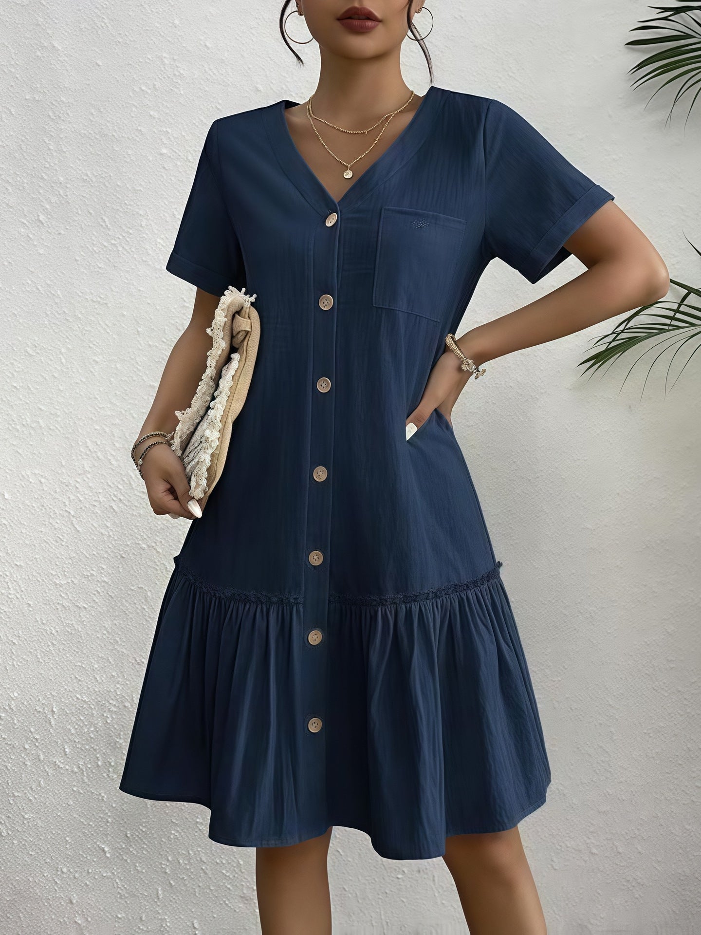 Loose Shirt Dress with a Button and Short Sleeves — view 2