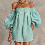 Pink Mini Dress in A-Line with Cut-Out Shoulders and Lantern Sleeves — view 2