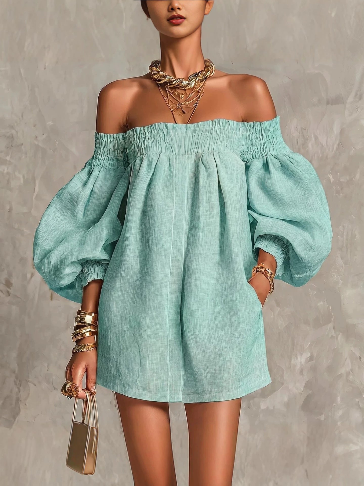 Pink Mini Dress in A-Line with Cut-Out Shoulders and Lantern Sleeves — view 2