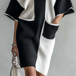 Black and White Two-Tone Midi Dress with Batwing Sleeves — view 4
