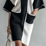 Black and White Two-Tone Midi Dress with Batwing Sleeves — view 4