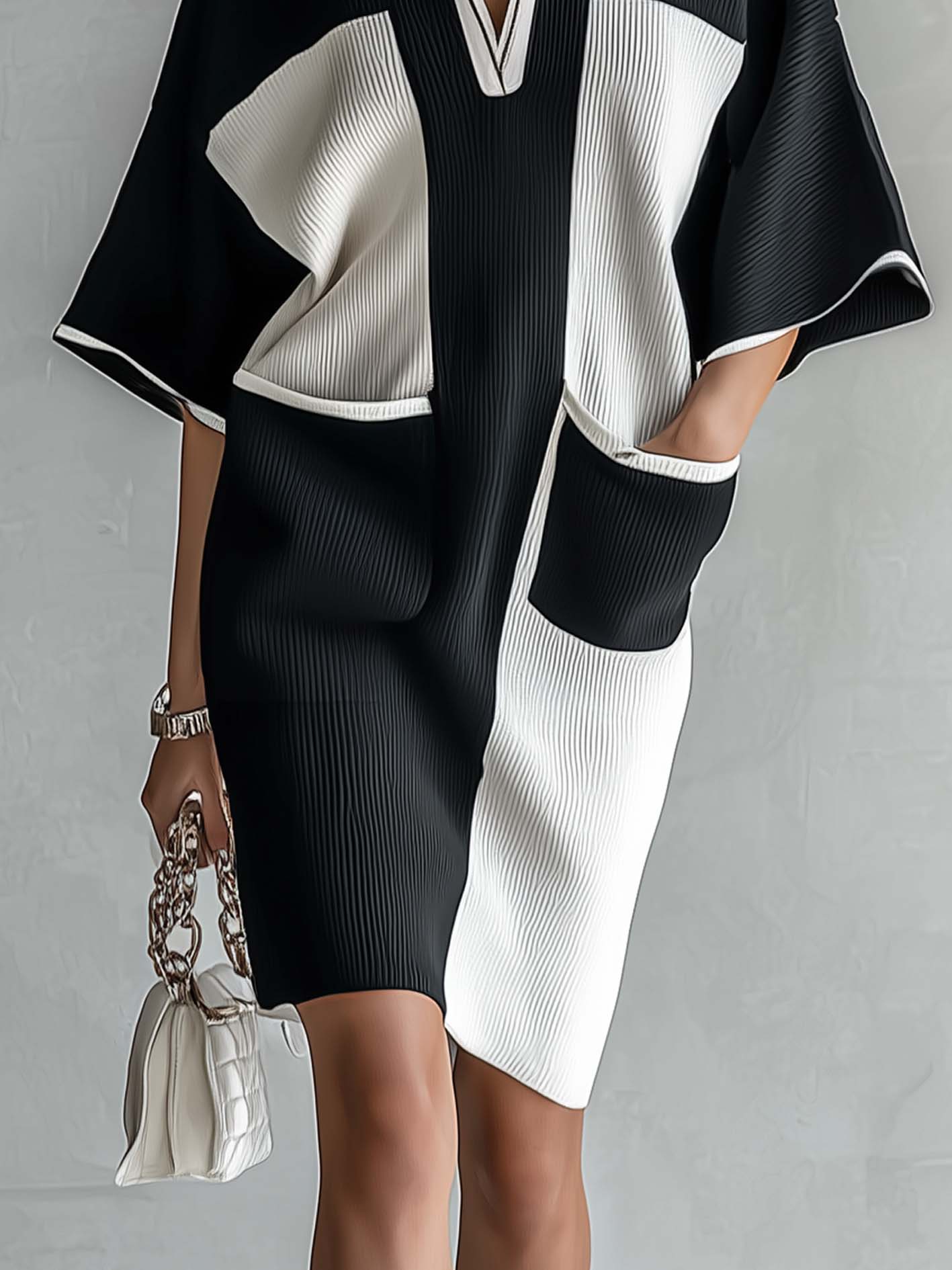 Black and White Two-Tone Midi Dress with Batwing Sleeves — view 4