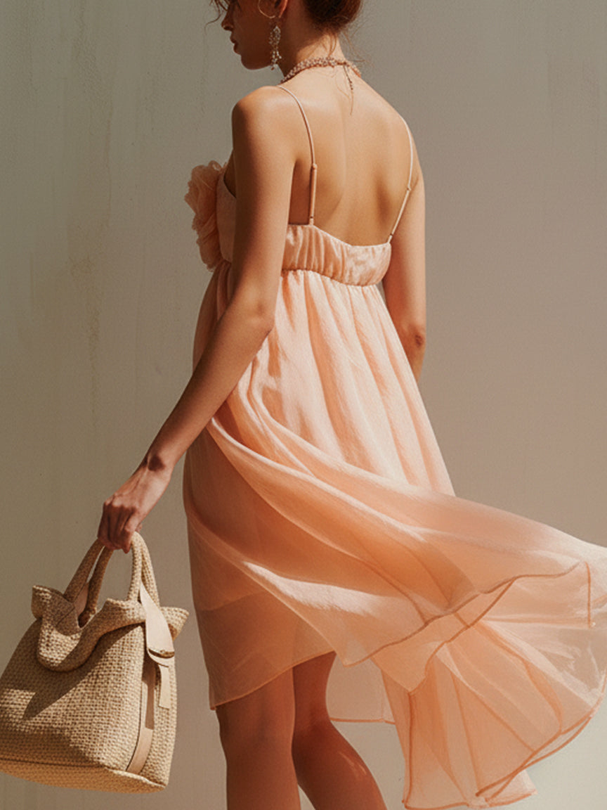 Pink Mini Dress with 3D Flowers and Thin Straps — view 4
