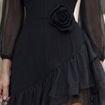 Black Mini Dress with Sheer Sleeves, 3D Roses and Ruffles — view 4