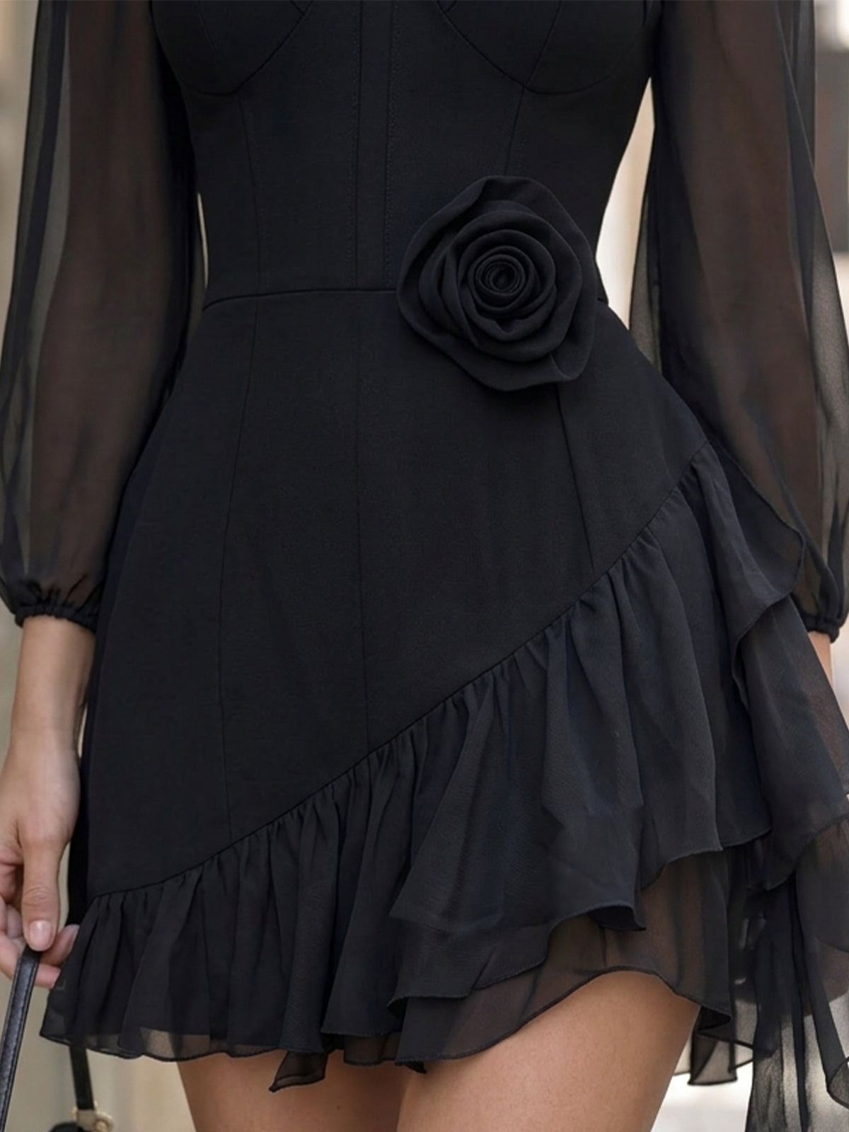 Black Mini Dress with Sheer Sleeves, 3D Roses and Ruffles — view 4