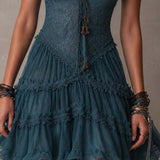 Petrol Blue Mini Dress with Retro Lace and Chiffon Ruffles — view 5