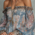 Mini Chiffon Dress with Floral Print and Bare Shoulders — view 5
