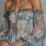 Mini Chiffon Dress with Floral Print and Bare Shoulders — view 5