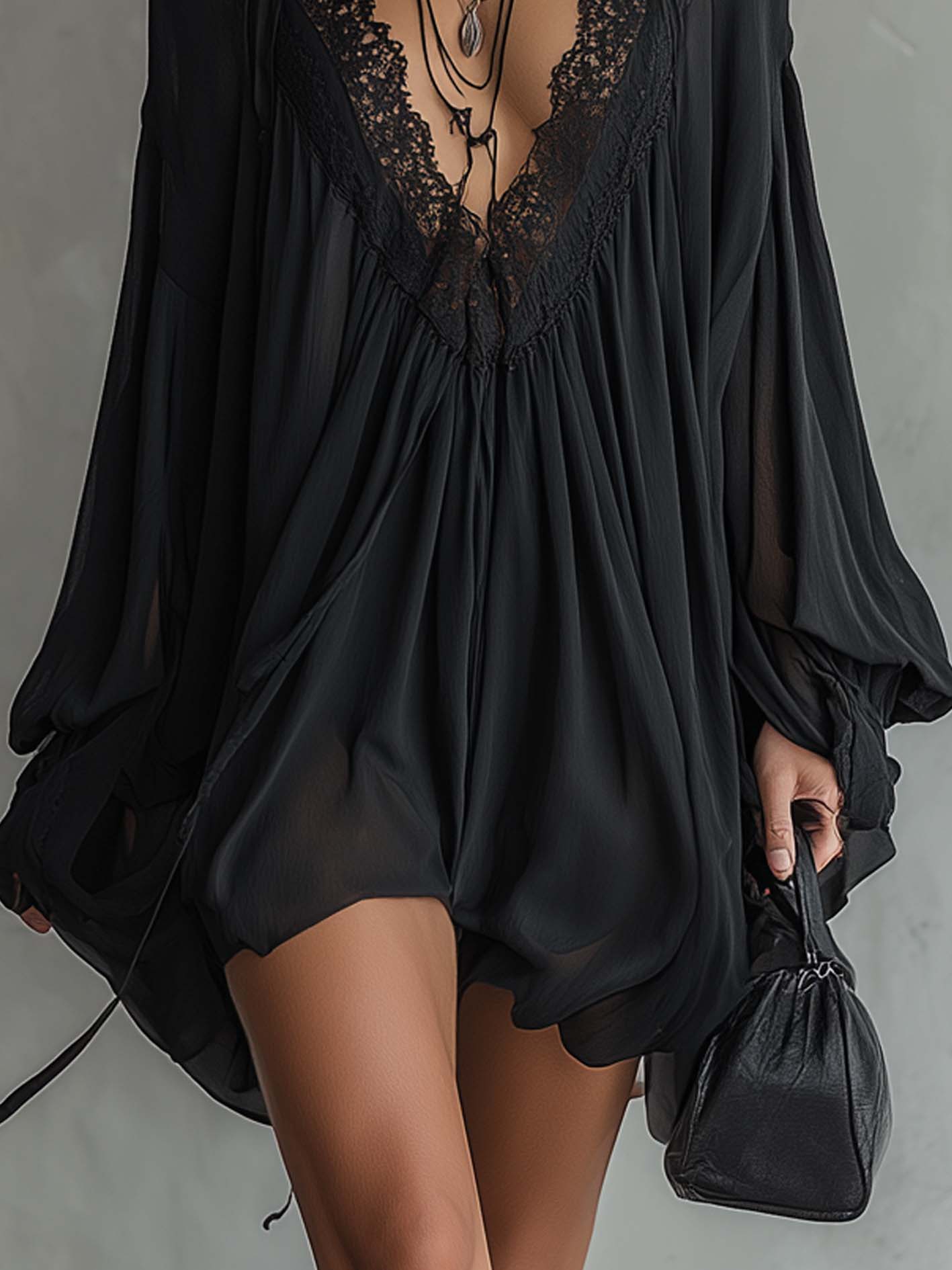 Black Chiffon Mini Dress with Lace Neckline — view 3