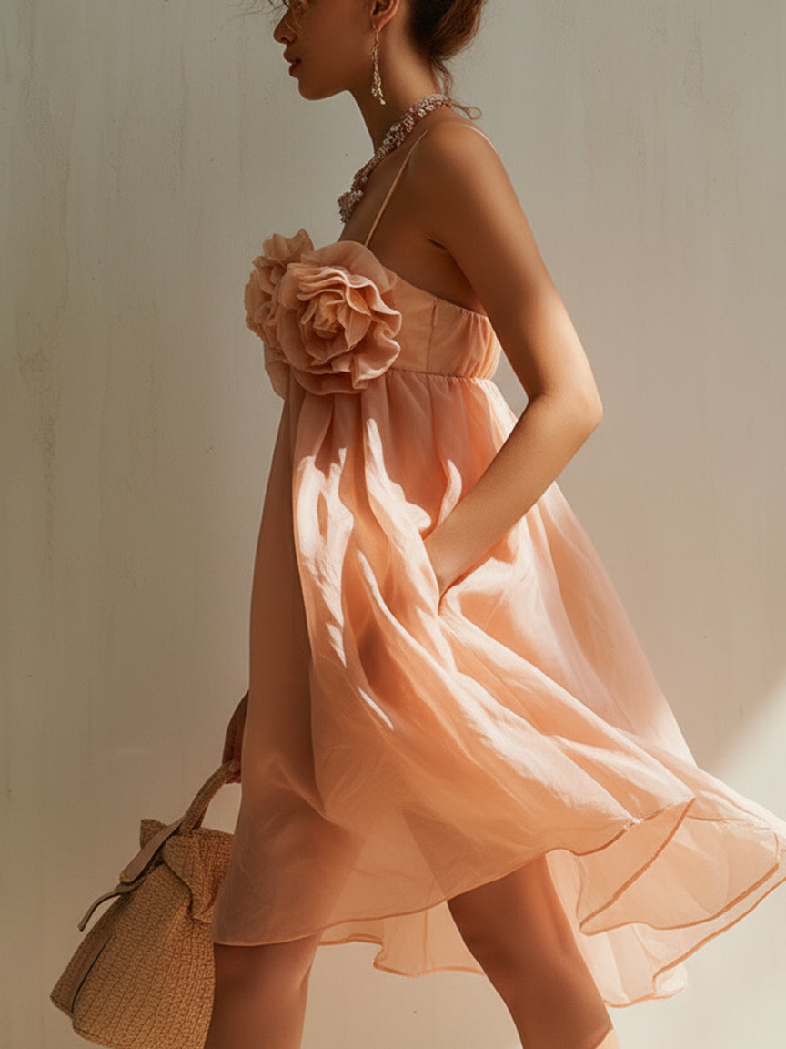 Pink Mini Dress with 3D Flowers and Thin Straps — view 2