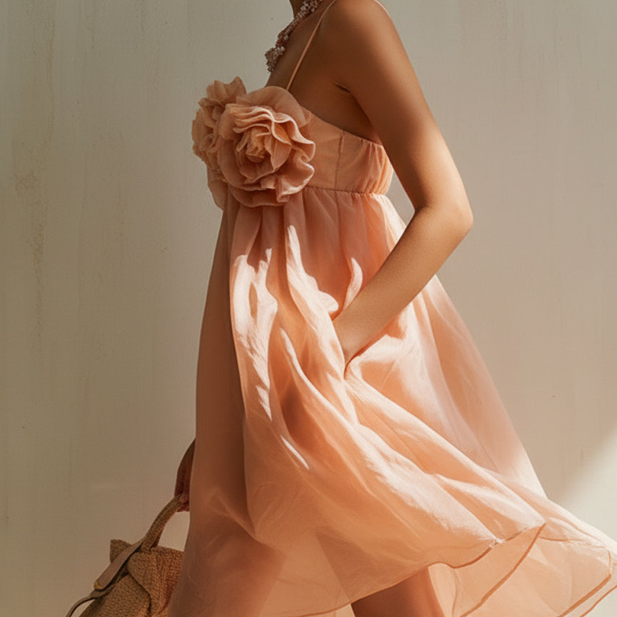 Pink Mini Dress with 3D Flowers and Thin Straps — view 2