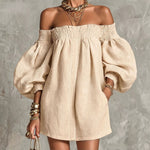 Pink Mini Dress in A-Line with Cut-Out Shoulders and Lantern Sleeves — view 5