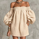 Pink Mini Dress in A-Line with Cut-Out Shoulders and Lantern Sleeves — view 5