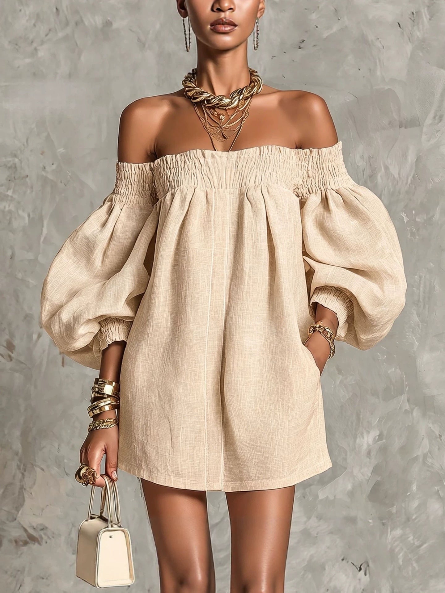 Pink Mini Dress in A-Line with Cut-Out Shoulders and Lantern Sleeves — view 5