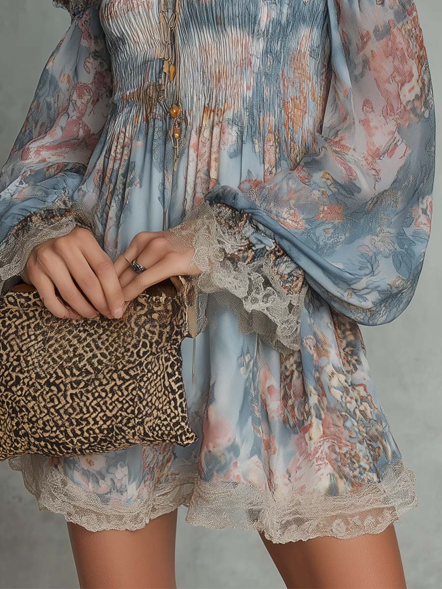 Mini Chiffon Dress with Floral Print and Bare Shoulders — view 6