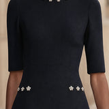 Navy Blue A-Line Mini Dress with Floral Details — view 6