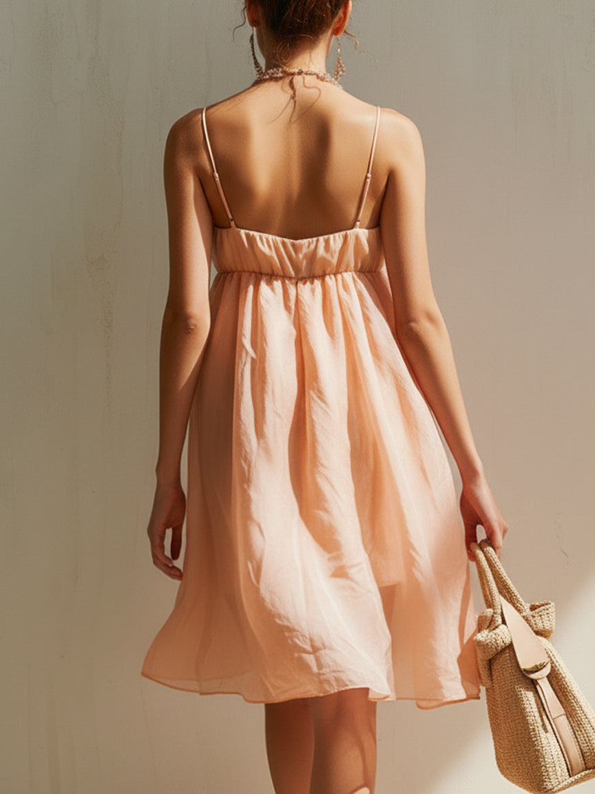 Pink Mini Dress with 3D Flowers and Thin Straps — view 3