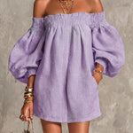 Pink Mini Dress in A-Line with Cut-Out Shoulders and Lantern Sleeves — view 6