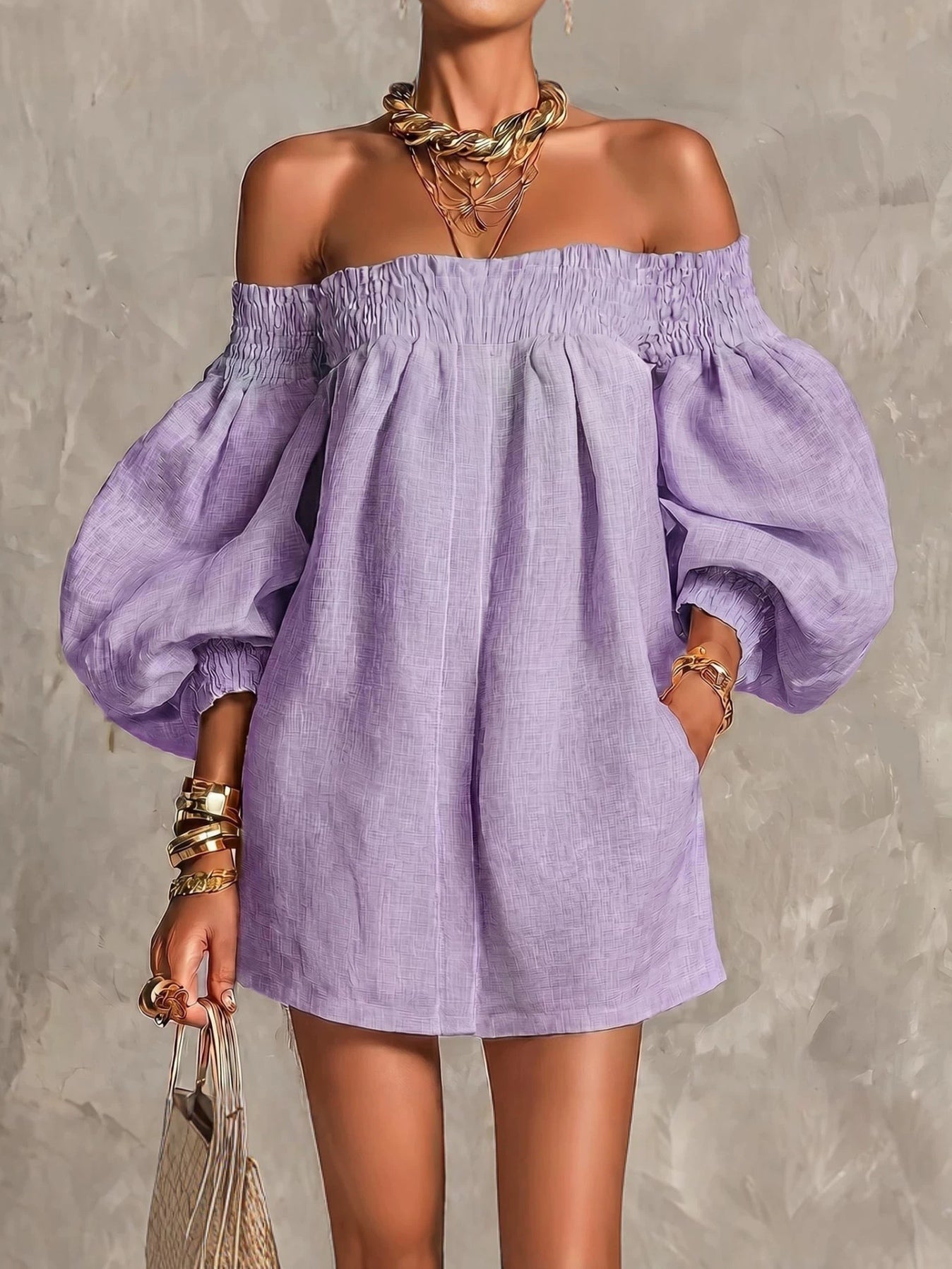 Pink Mini Dress in A-Line with Cut-Out Shoulders and Lantern Sleeves — view 6