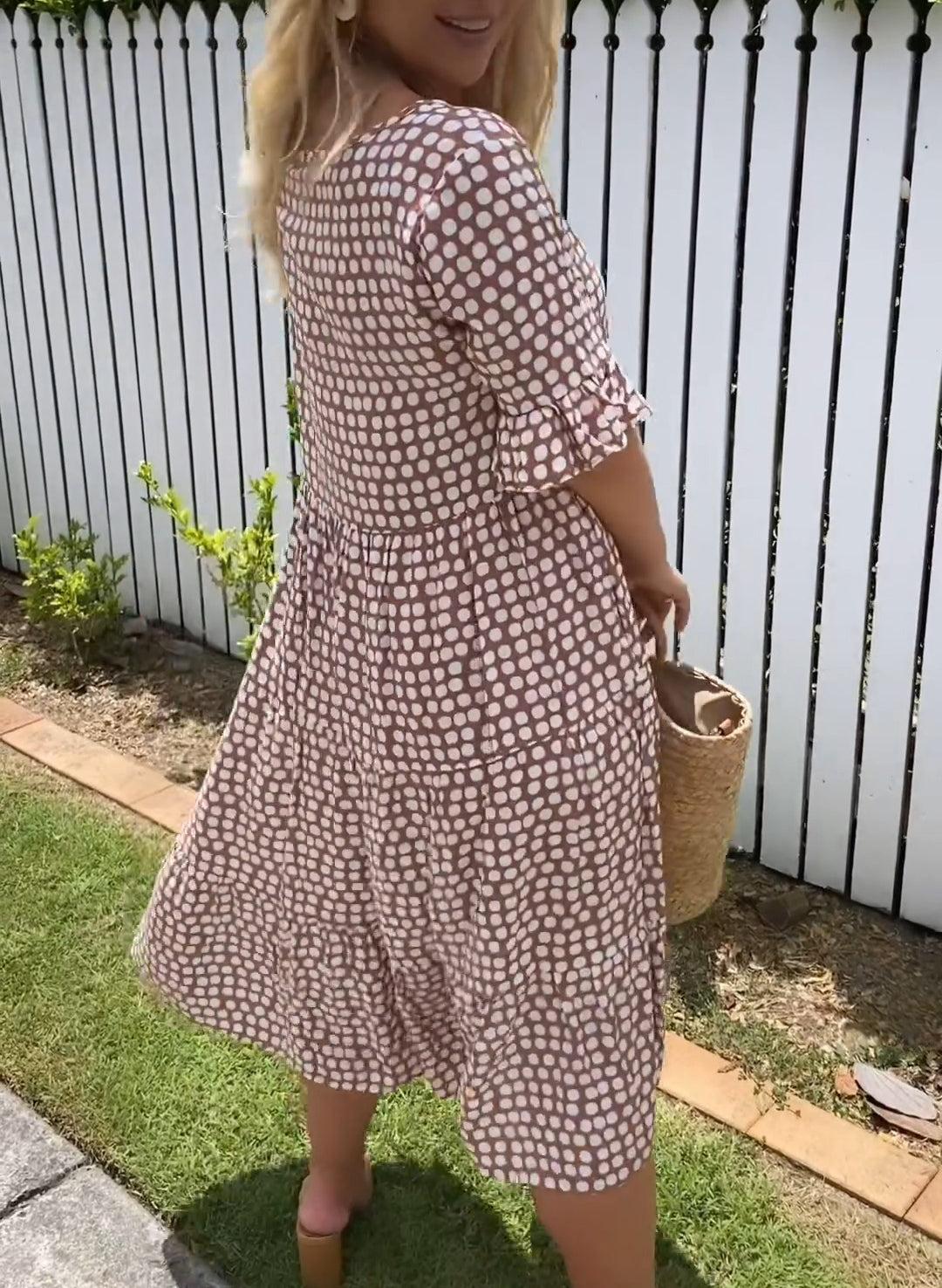 Zora | Midi Dress with Short Sleeves in Sand — view 8