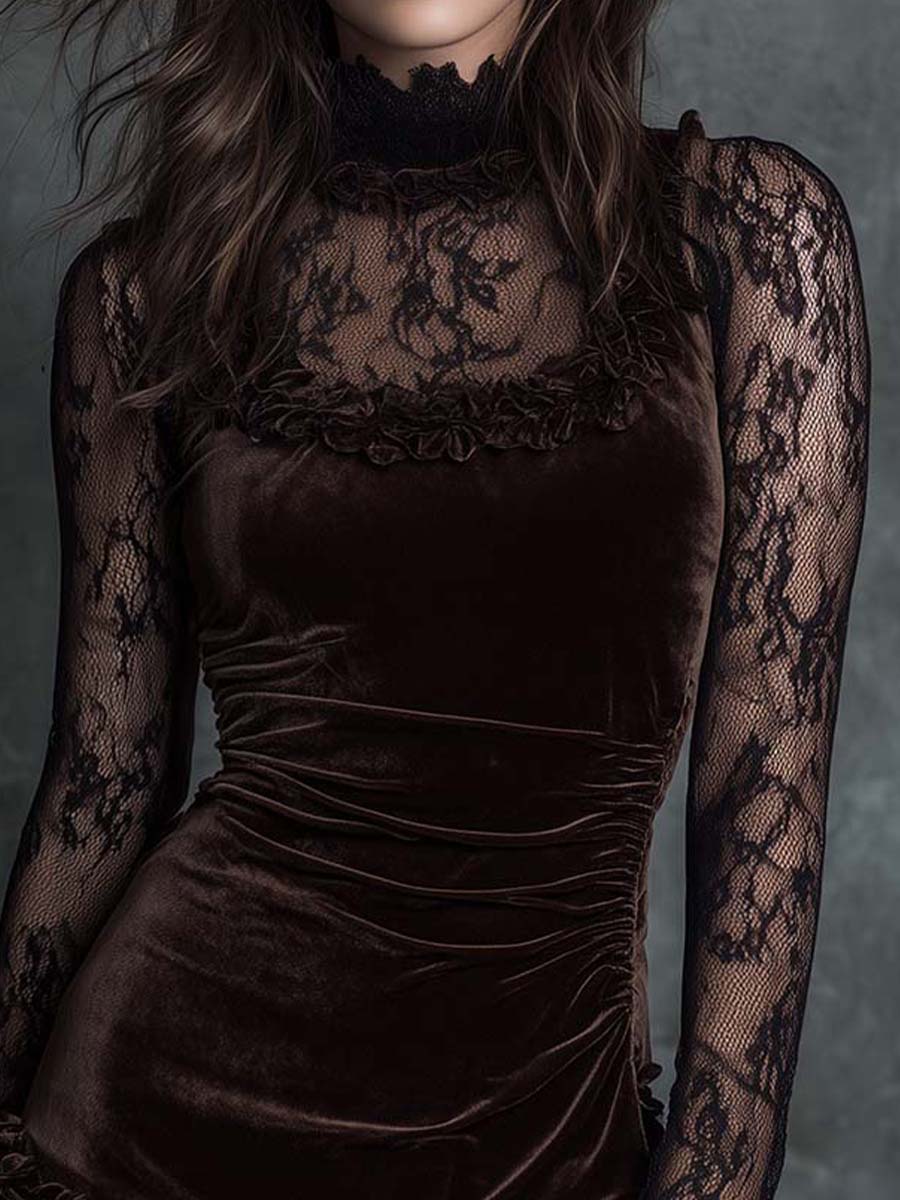 Chocolate Brown Pleated Velvet Mini Dress with Lace — view 2