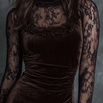 Chocolate Brown Pleated Velvet Mini Dress with Lace — view 2