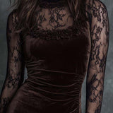 Chocolate Brown Pleated Velvet Mini Dress with Lace — view 2