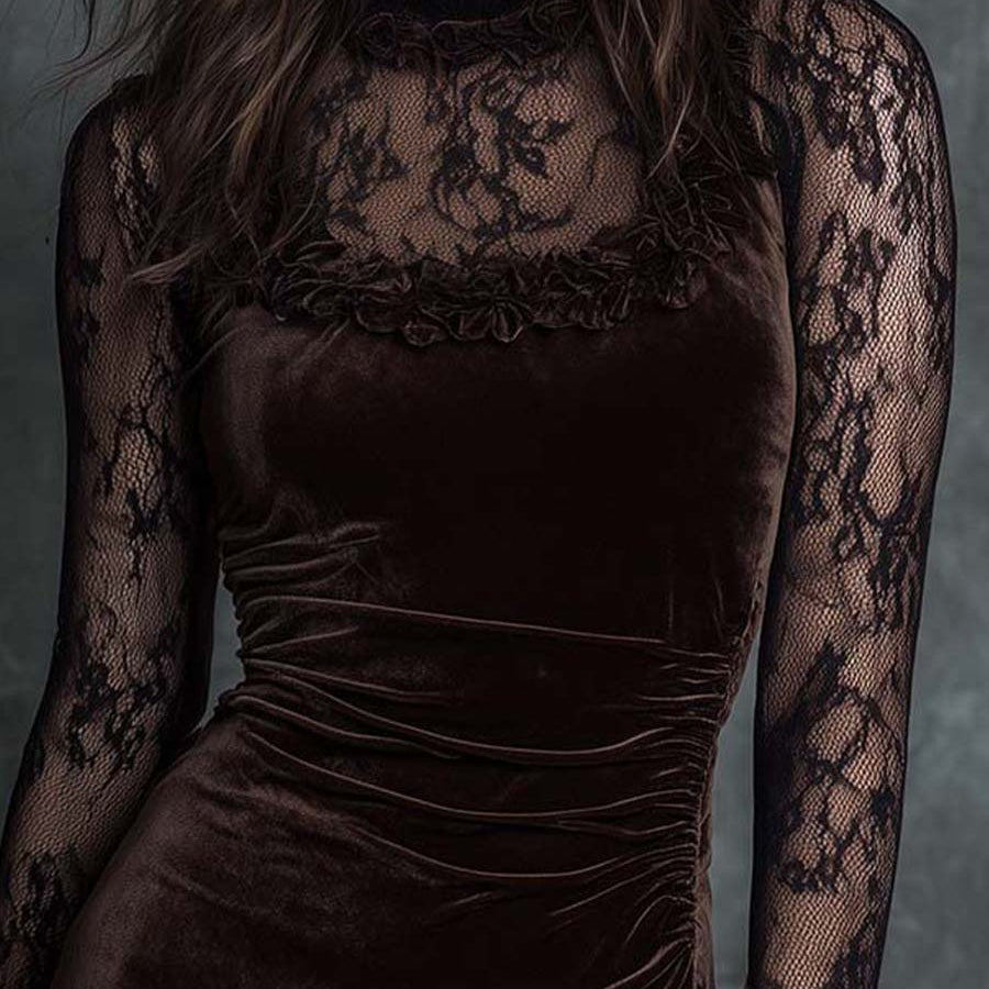 Chocolate Brown Pleated Velvet Mini Dress with Lace — view 2