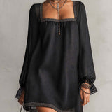 Mini Black Dress with Square Neck and Rhinestones