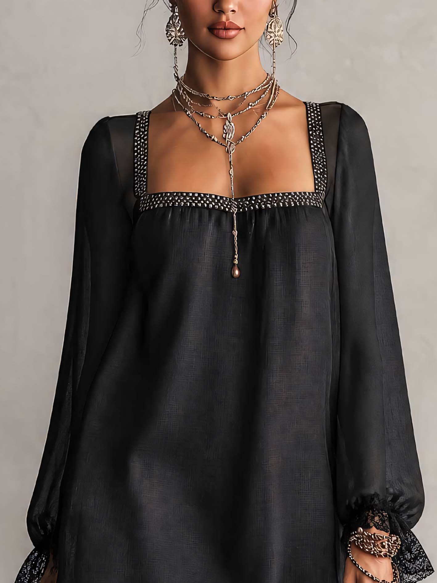 Mini Black Dress with Square Neck and Rhinestones — view 3