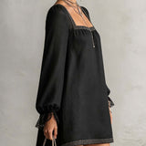 Mini Black Dress with Square Neck and Rhinestones — view 2