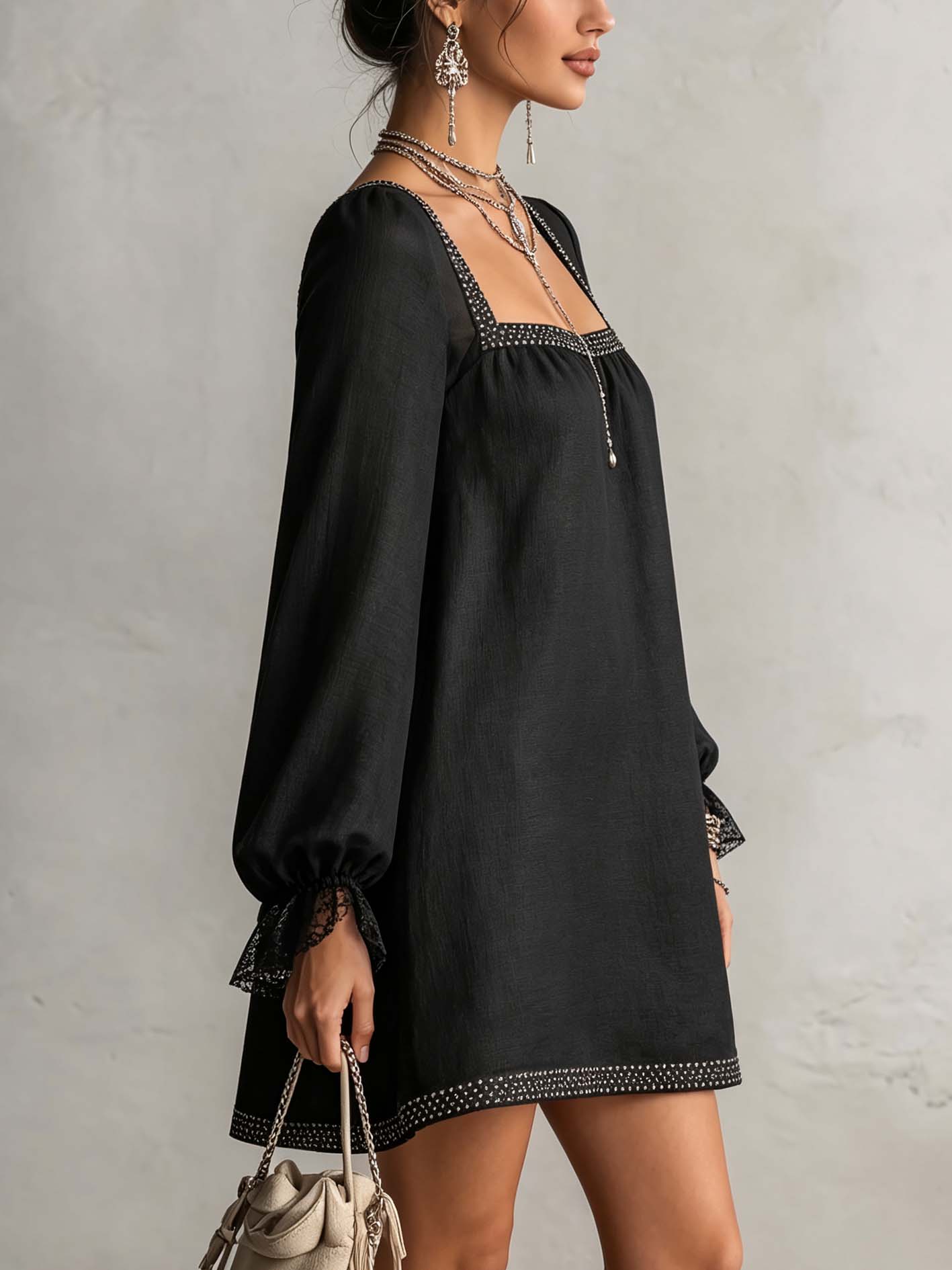 Mini Black Dress with Square Neck and Rhinestones — view 2