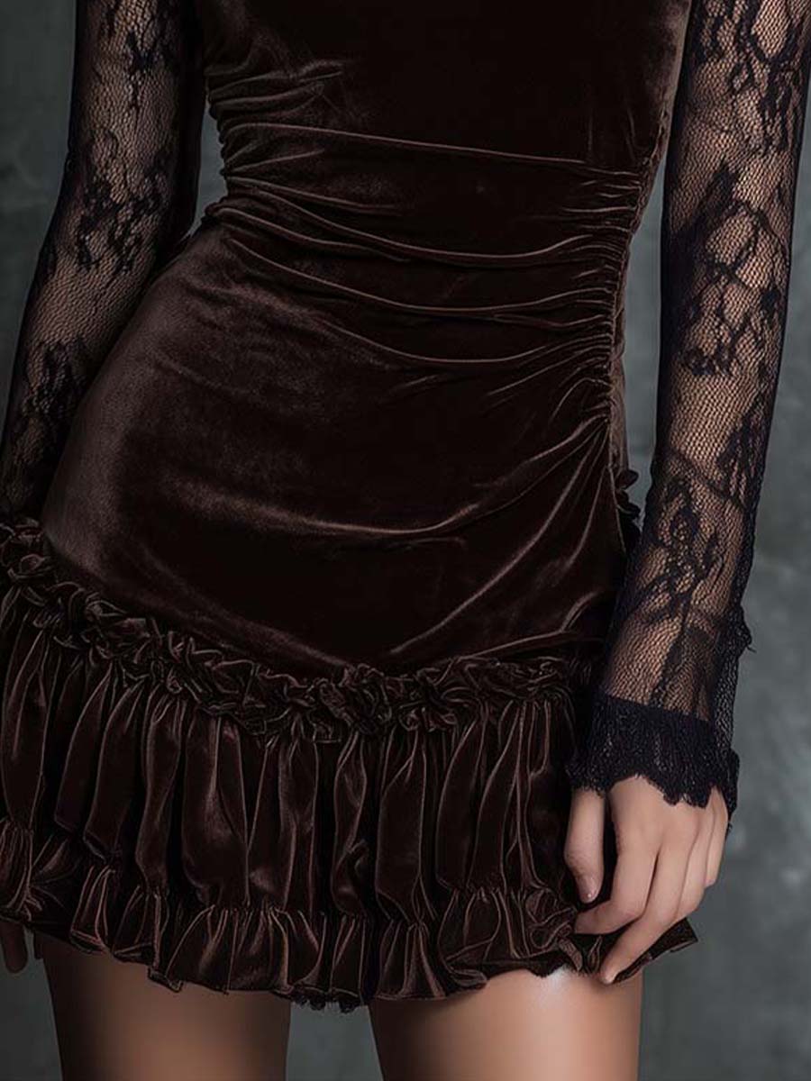 Chocolate Brown Pleated Velvet Mini Dress with Lace — view 3