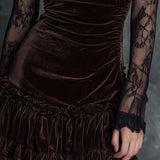 Chocolate Brown Pleated Velvet Mini Dress with Lace — view 3
