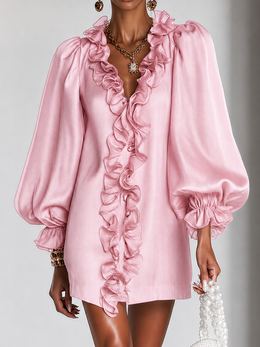 Mini Dress with Puff Sleeves and Vertical Ruffle — view 8