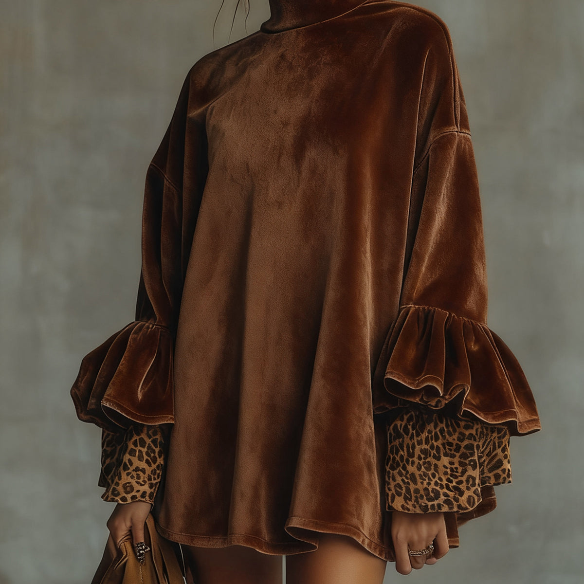 Mini Dress with Velvet Cuffs and Leopard Print