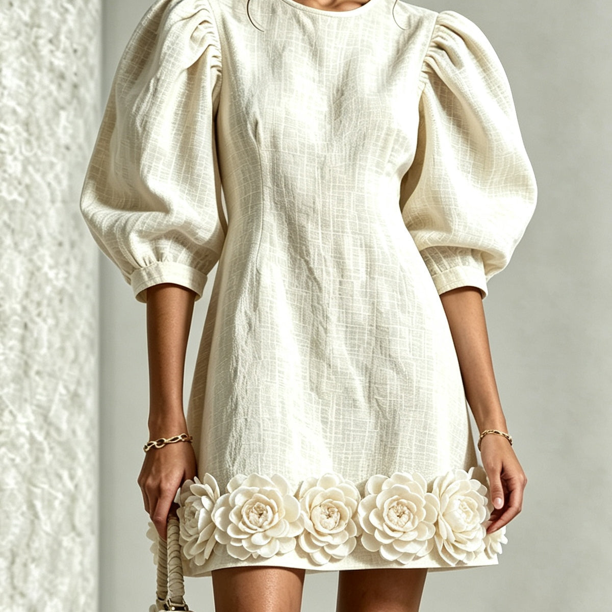White Mini Dress with Puff Sleeves and 3D Flowers