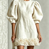 White Mini Dress with Puff Sleeves and 3D Flowers