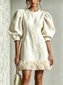 White Mini Dress with Puff Sleeves and 3D Flowers